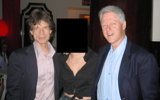 Mick Jagger and Bill Clinton, pictured with a woman whose identity is redacted